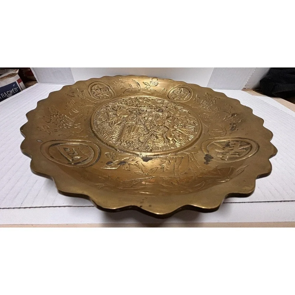 Plate Tray Hand Engraved Etched Decor Brass Scalloped Edge Vintage Chinese Heavy